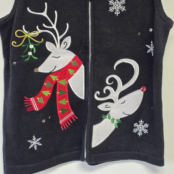 Nouveaux reindeer holiday Christmas sweater vest zip closure Vintage Large - Picture 6 of 9